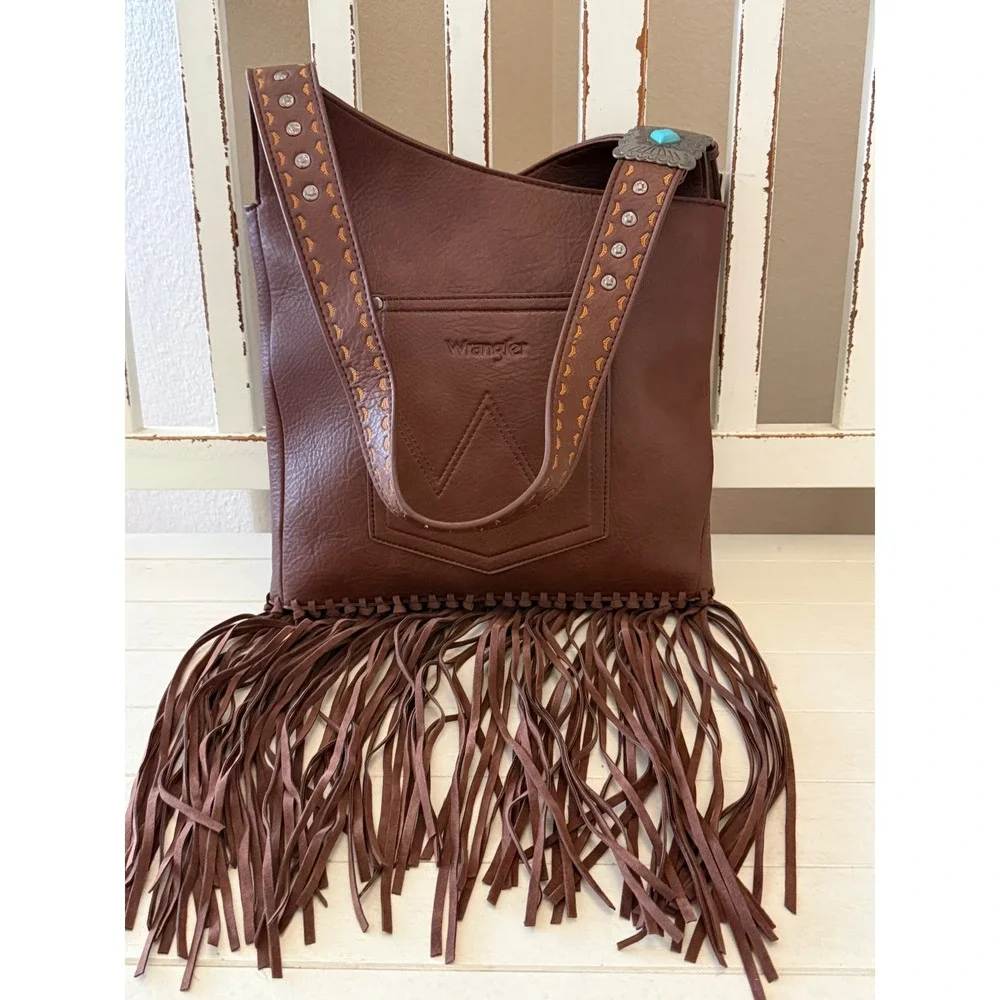 Wrangler Montana West Brown Fringe Hobo Bag Turquoise Concho S-WG61-918 NEW